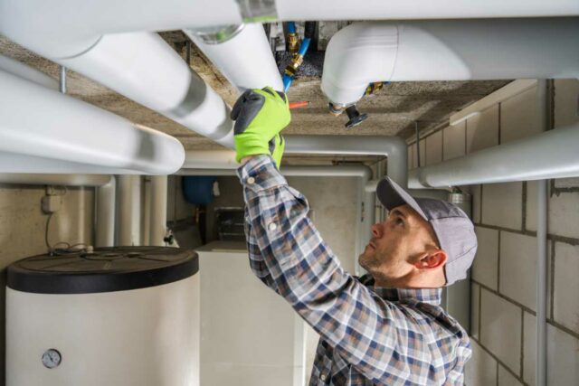 A person inspecting plumbing pipes on the ceiling.